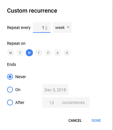 Google calendar custom recurrence interface