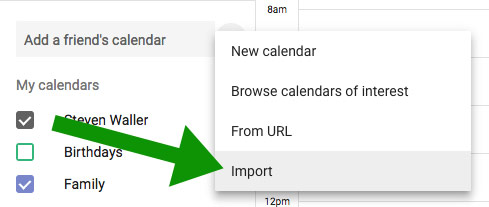 Google Calendar Import drop-down option